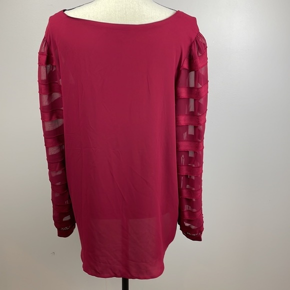 LOFT Long Sleeve Shirt SZ Large Sheer Sleeves with Striping Maroon Red Flowy - Picture 5 of 9